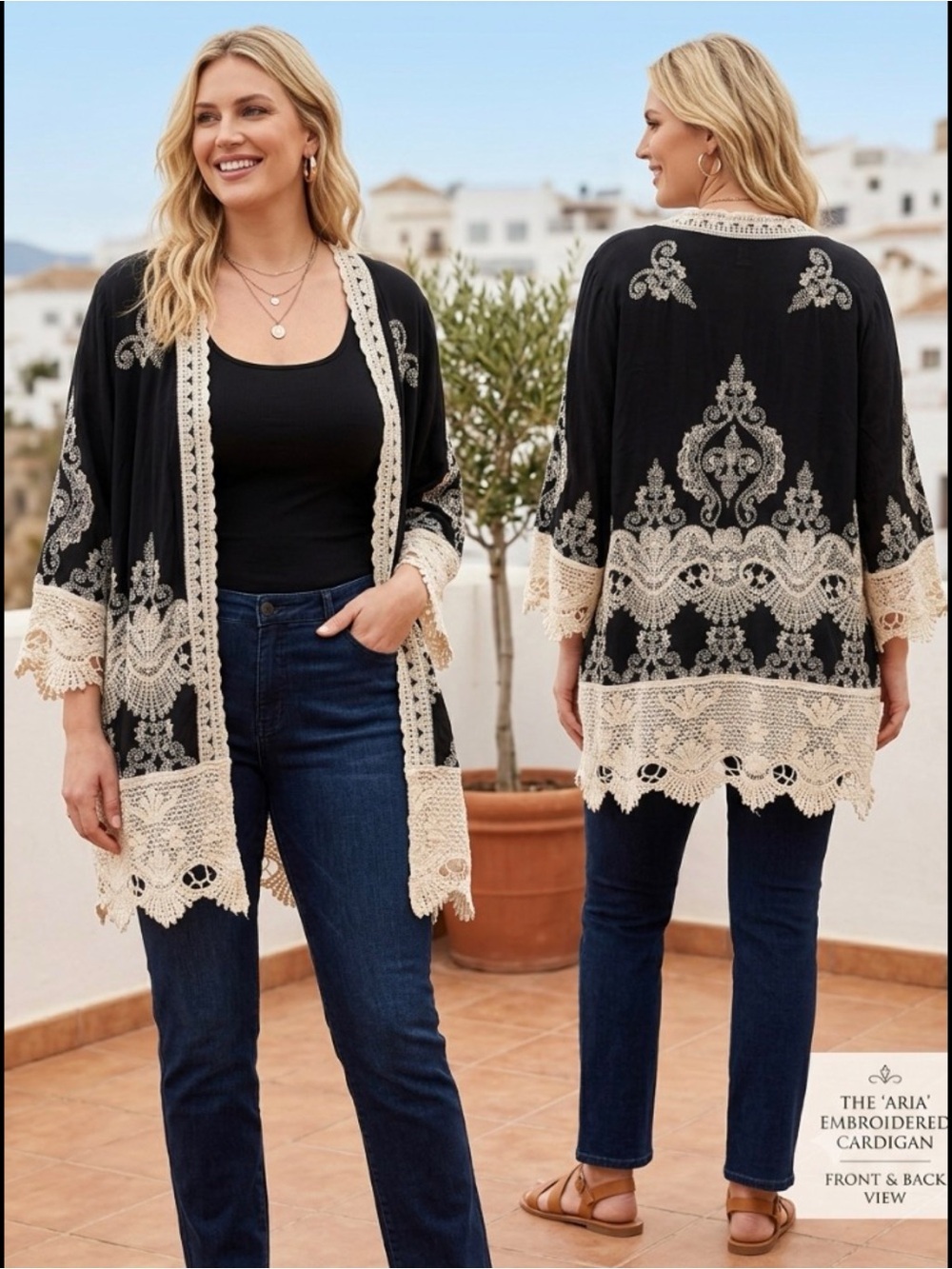 Solitaire Boho Black Floral Embroidered Kimono Crochet Open Front Cardigan 2X